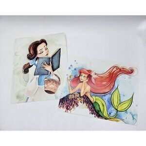Disney's Princesses Belle And Ariel Art Prints On Giclee Stock Paper 8x10"